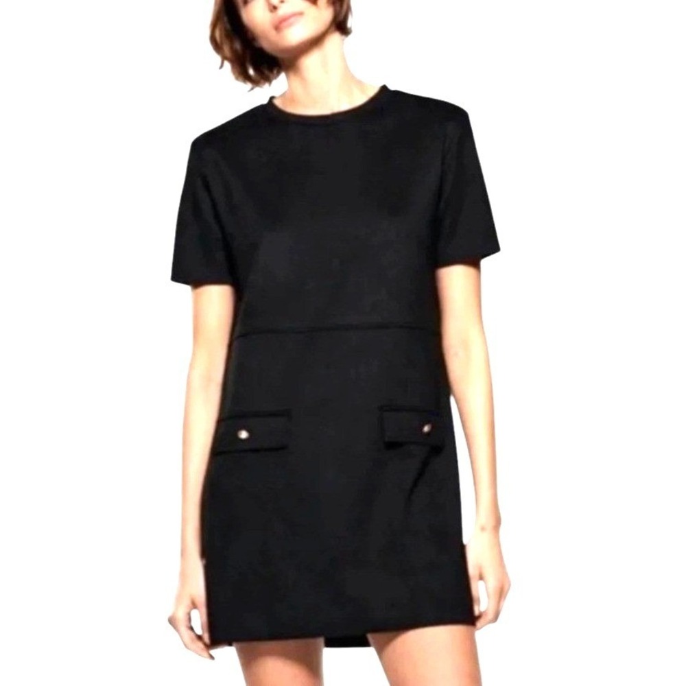 Zara Womens Black Faux Suede Shift Mini Dress Gold Button Detail M Quiet Luxury